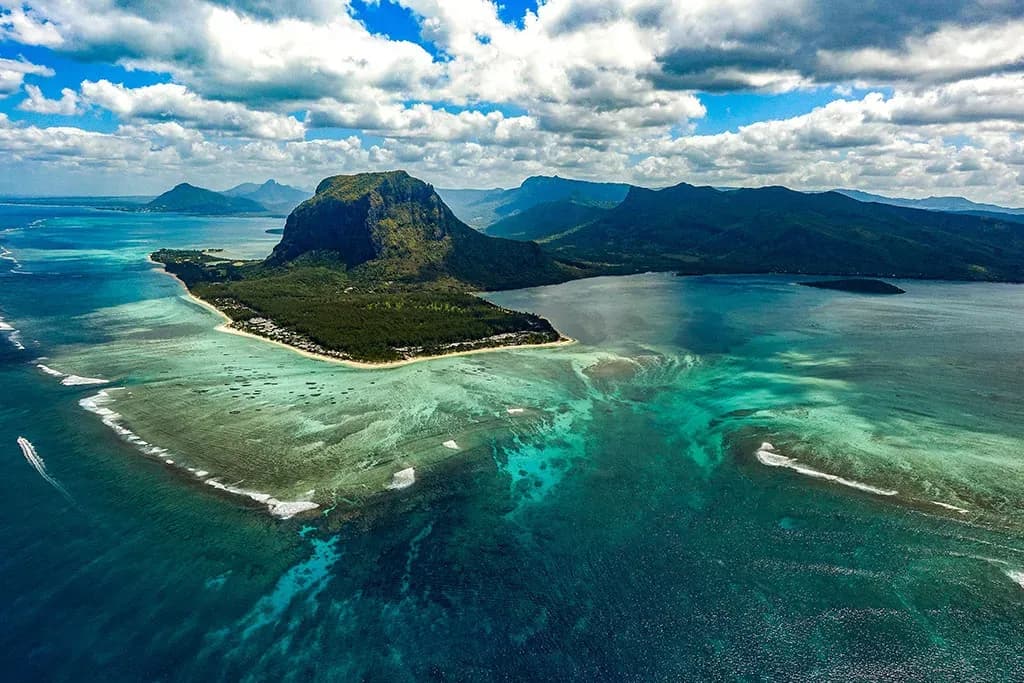 Coastal waters and Le Morne peninsula in Mauritius